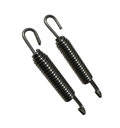 Two 80mm stainless steel exhaust springs with swivel hooks for exterior use, by JackSpania Racing.