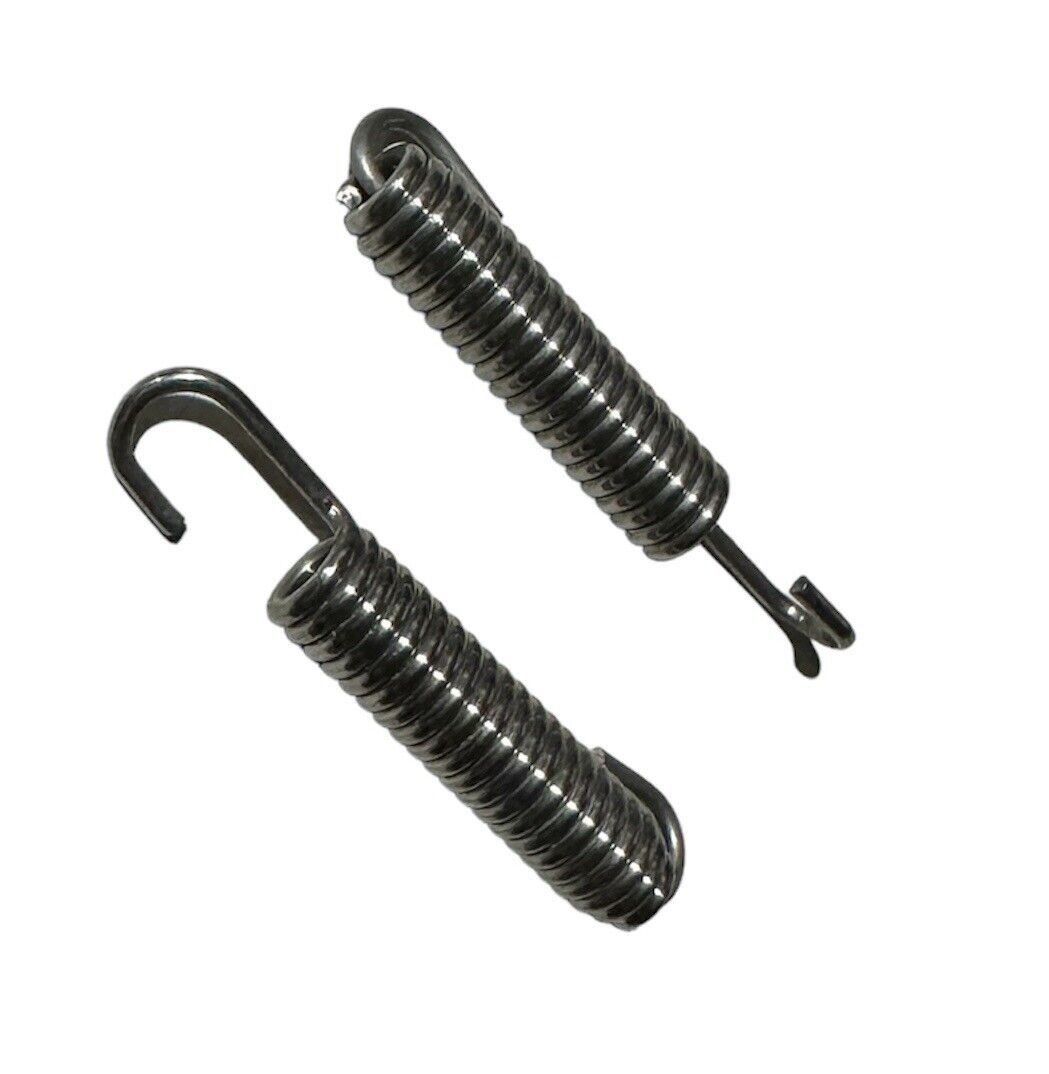 Pair of 80mm stainless steel exhaust springs with swivel hooks, exterior use by JackSpania Racing, shown with hooks attached.