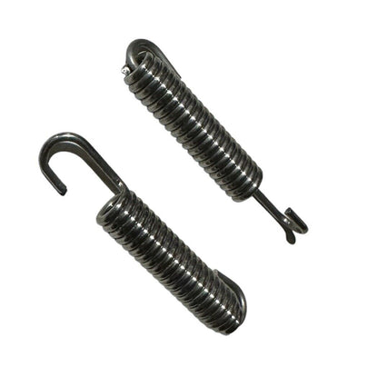 Pair of 80mm stainless steel exhaust springs with swivel hooks, exterior use by JackSpania Racing, shown with hooks attached.