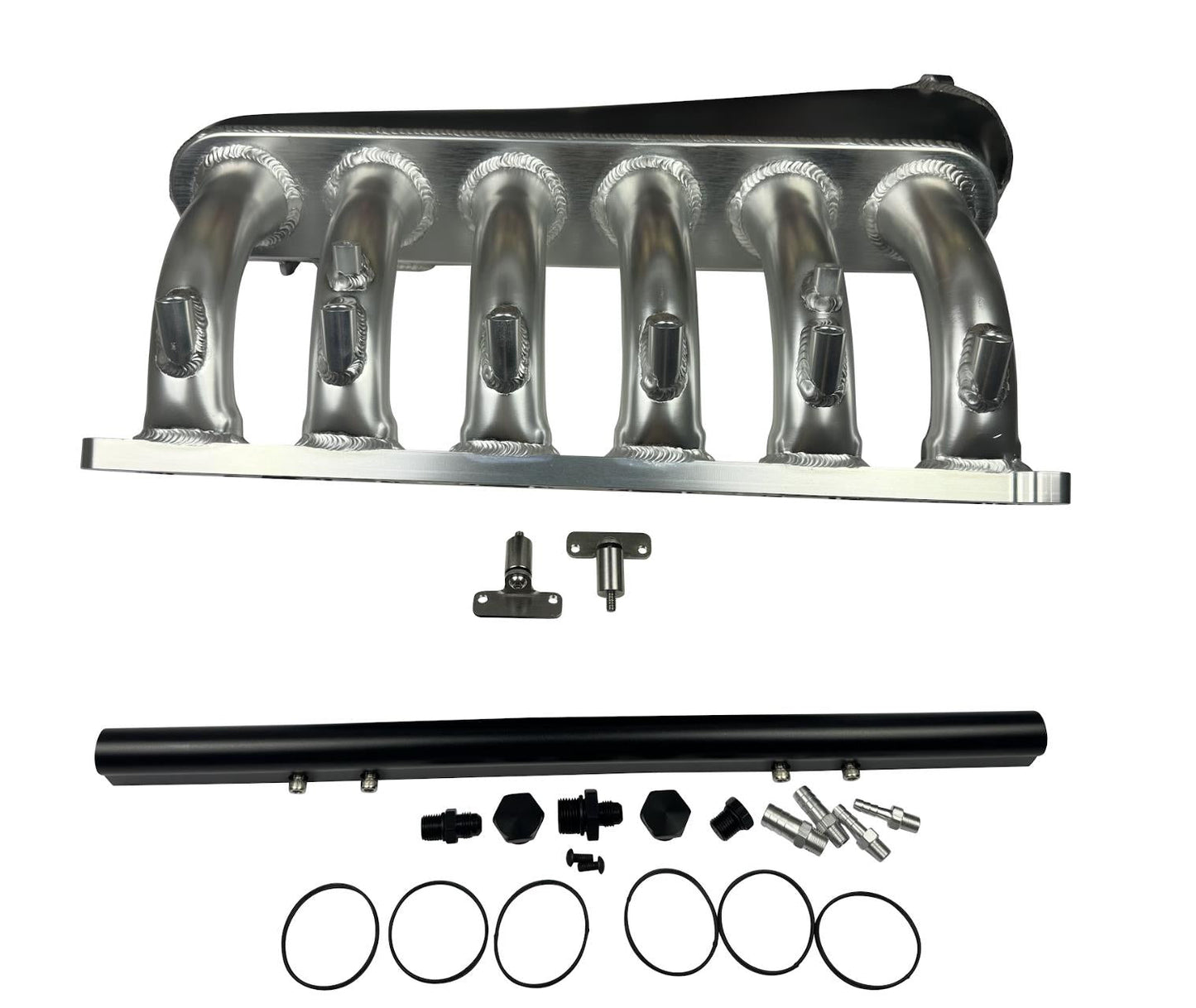 Front facing intake manifold fuel rail for BMW N54 3.0L engine, compatible with 135i, 535i, 335i, and Z4 models, by JackSpania Racing.