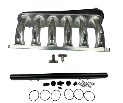 Front facing intake manifold fuel rail for BMW N54 3.0L engine, compatible with 135i, 535i, 335i, and Z4 models, by JackSpania Racing.
