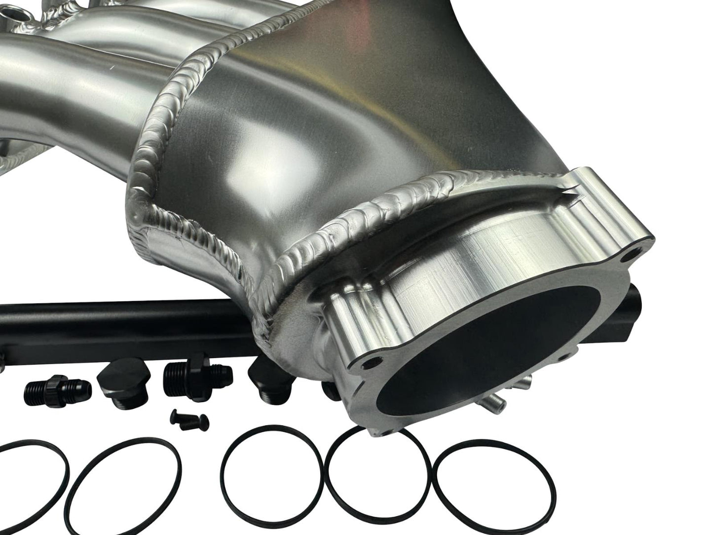 Front facing intake manifold fuel rail for BMW N54 3.0L engine, compatible with 135i, 535i, 335i, 335xi, and Z4 by JackSpania Racing.