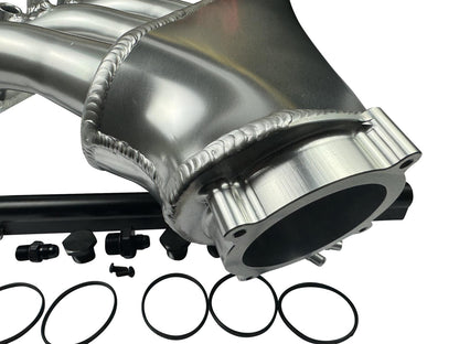 Front facing intake manifold fuel rail for BMW N54 3.0L engine, compatible with 135i, 535i, 335i, 335xi, and Z4 by JackSpania Racing.