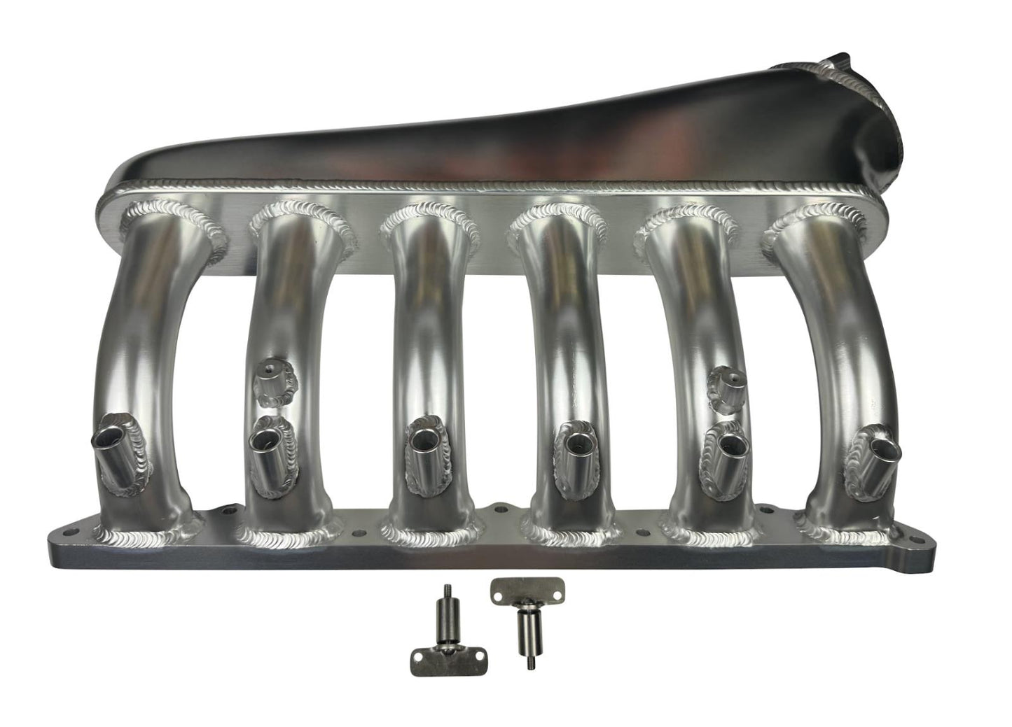 Front facing intake manifold fuel rail for BMW N54 3.0L engine, by JackSpania Racing, installed on engine components.