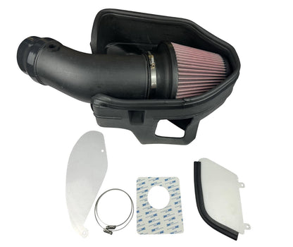 JackSpania Racing cold air intake kit for Dodge Hellcat Charger Challenger 6.2L SRT engine, including filter and intake components.