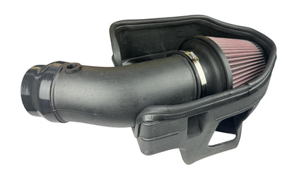 JackSpania Racing cold air intake kit for Dodge Hellcat Charger and Challenger 6.2L SRT engine, with filter and engine parts.