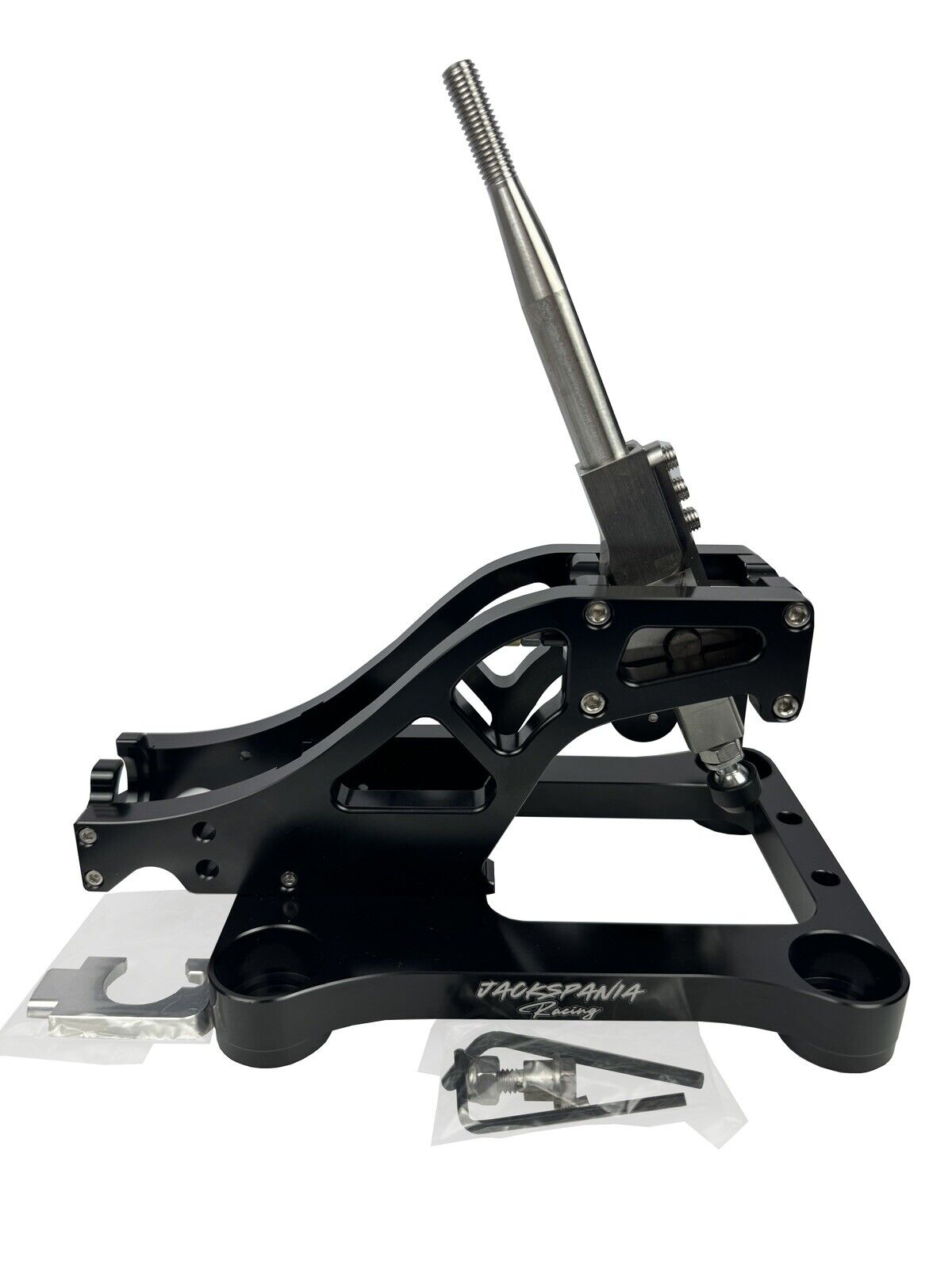 Jack Spania Racing billet shifter box assembly for TSX, TL, Accord AWD J B K Series transmission parts, showing precision-machined metal components.