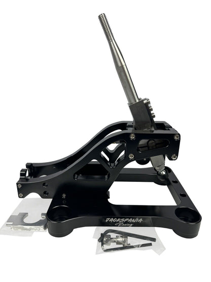 Jack Spania Racing billet shifter box assembly for TSX, TL, Accord AWD J B K Series transmission parts, showing precision-machined metal components.