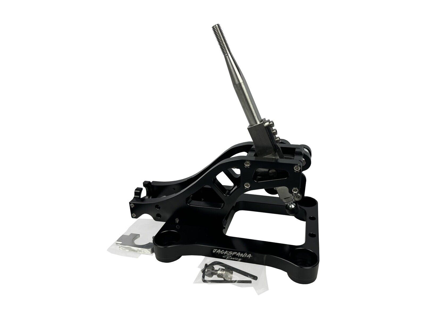 Jack Spania Racing billet shifter box assembly for TSX, TL, Accord AWD J K Series transmission parts, shown with mounting components.
