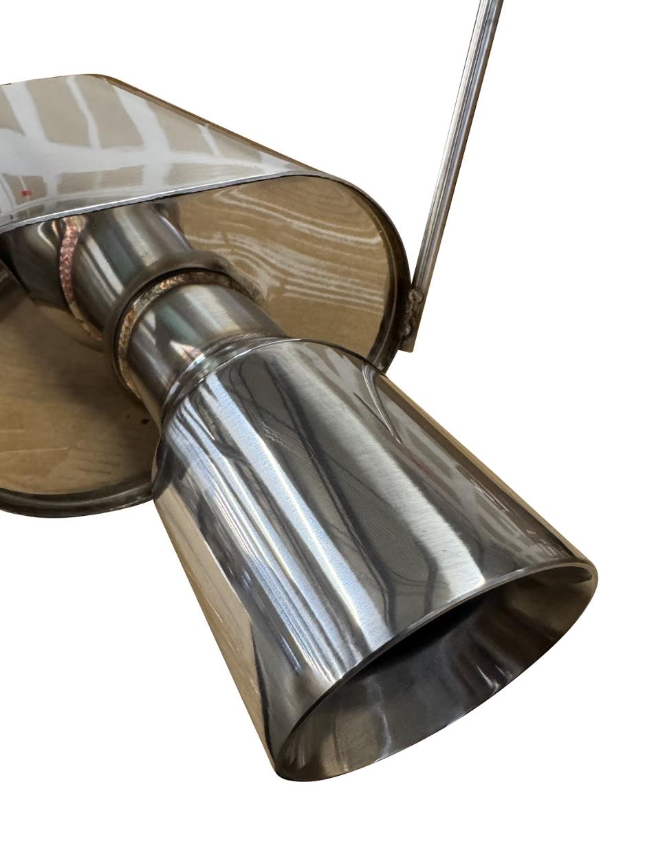 Stainless steel 2.5-inch Honda CR-V exhaust system muffler and catback by JackSpania Racing for 97-01 models, installed on vehicle.