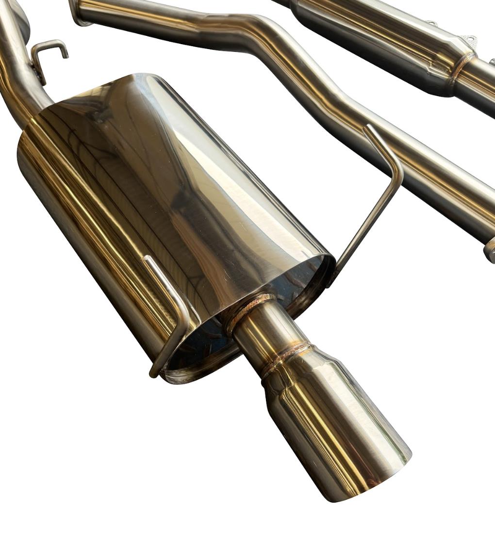 Stainless steel 2.5-inch exhaust system muffler for 97-01 Honda CR-V, by JackSpania Racing, showing the polished exhaust pipe and muffler.