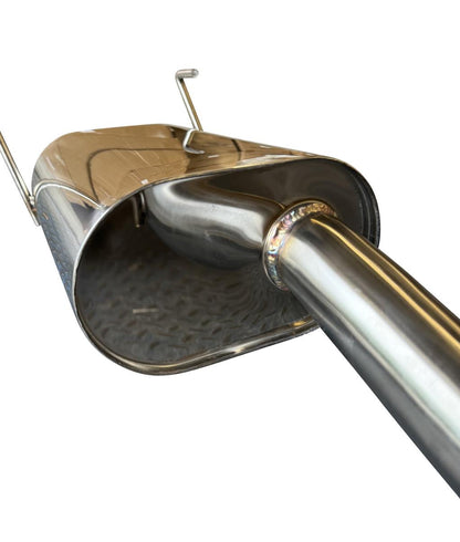 Stainless steel 2.5-inch exhaust system muffler for 97-01 Honda CR-V, CRV, by JackSpania Racing, showing the muffler and piping.