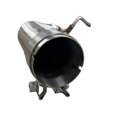 Stainless steel axle back exhaust for Toyota Supra GR A90 by JackSpania Racing, showing muffler pipe and exhaust tips in polished finish.