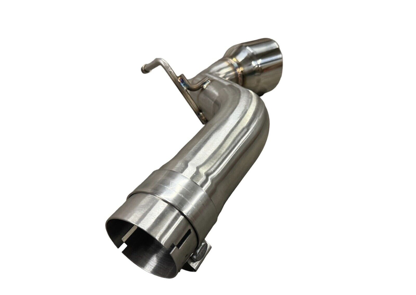 Stainless steel axle back exhaust for Toyota Supra GR A90 by JackSpania Racing, showing muffler pipe and exhaust tips.