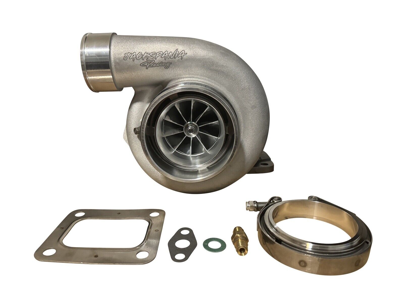JackSpania Racing turbocharger with billet T4 turbine, GTX3584RS model, reverse mirror design, T4 .82 A/R, engine parts for performance