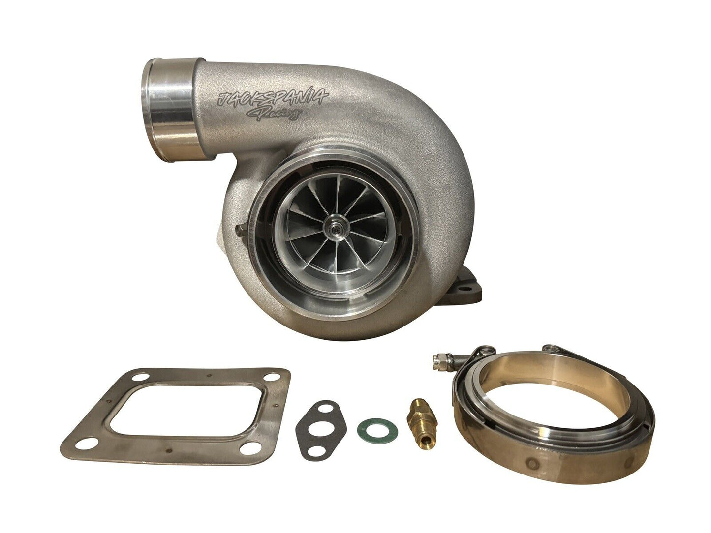 JackSpania Racing turbocharger with billet T4 turbine, GTX3584RS model, reverse mirror design, T4 .82 A/R, engine parts for performance