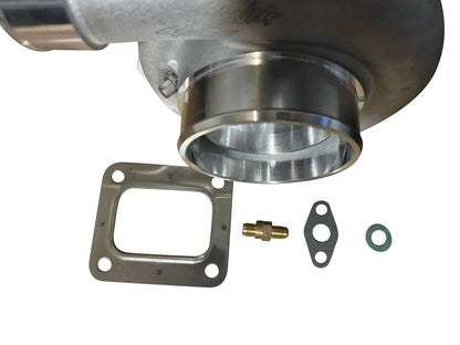 JackSpania Racing turbocharger with billet T4 turbine housing, GTX3584RS turbo, reverse mirror design, engine parts component.