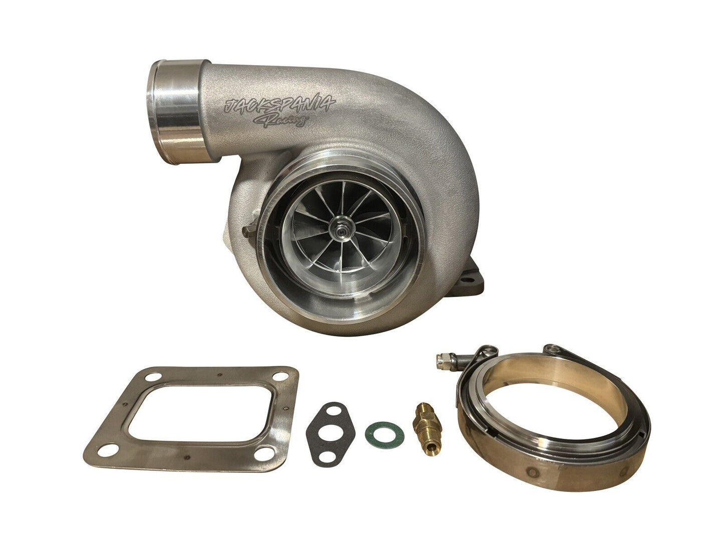 JackSpania Racing turbocharger with billet T4 turbine, GTX3584RS model, reverse mirror design, turbo engine part for performance vehicles.