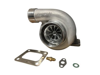 JackSpania Racing turbocharger with billet T4 turbine, GTX3584RS model, reverse mirror design, T4 flange, .82 A/R, V-band turbine wheel