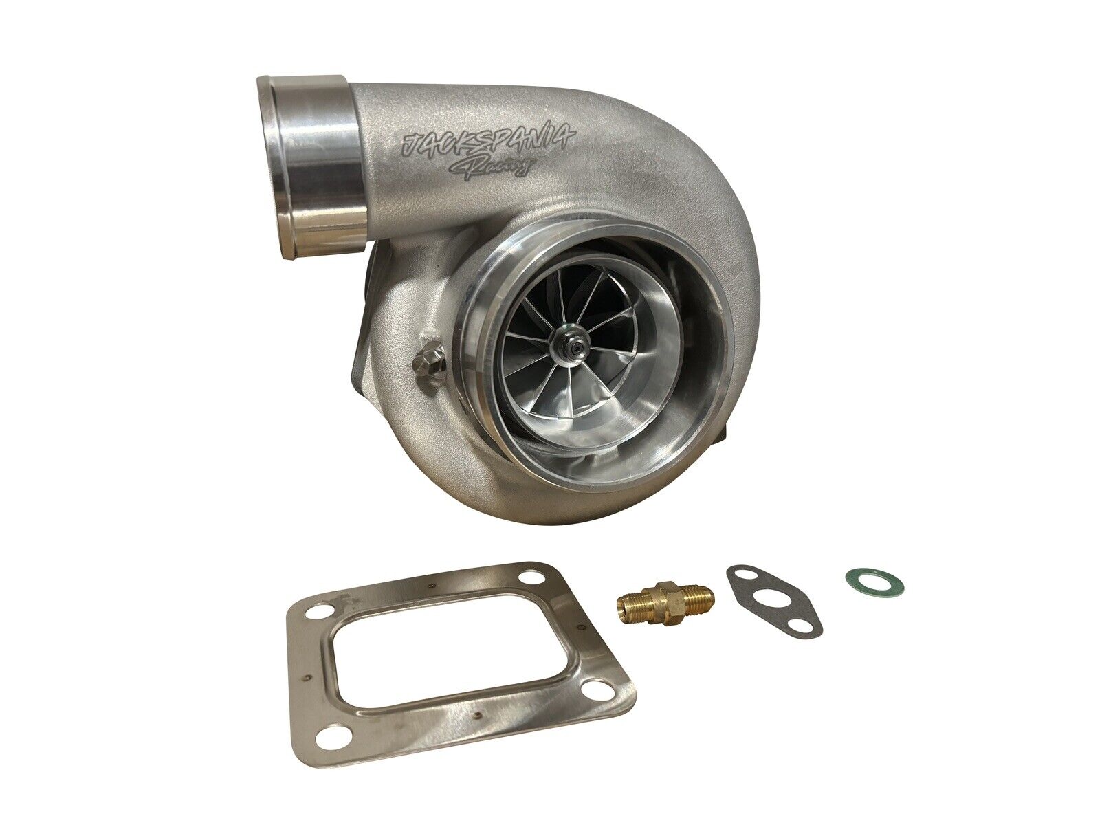 JackSpania Racing Turbo GT3584RS billet T4 turbine with .82 A/R V-band flange, high-performance engine part, close-up shot.
