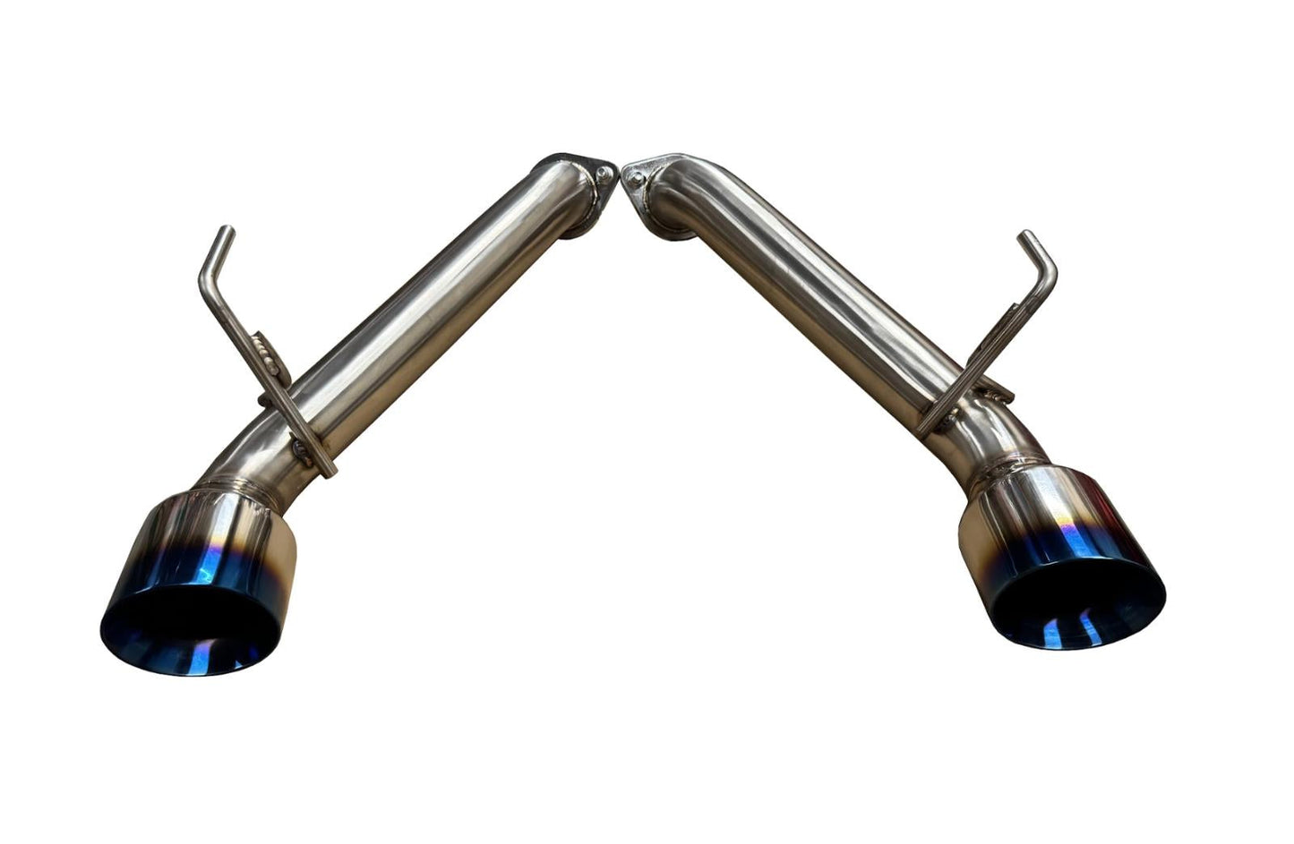 Burnt stainless steel axle back exhaust for Nissan 370Z Z34 2009-2021 by JackSpania Racing, showing the polished exhaust tips.