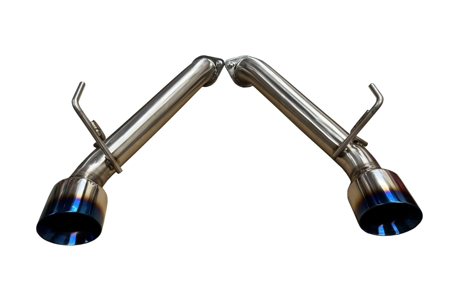 Burnt stainless steel axle back exhaust for Nissan 370Z Z34 2009-2021 by JackSpania Racing, showing the polished exhaust tips.
