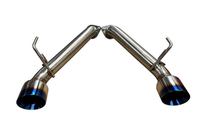 Burnt stainless steel axle back exhaust for Nissan 370Z Z34 2009-2021 by JackSpania Racing, showing the polished exhaust tips.