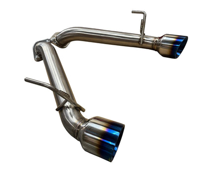 Burnt stainless steel axle back exhaust for Nissan 370Z Z34 2009-2021 by JackSpania Racing, showing the polished exhaust tips and piping.