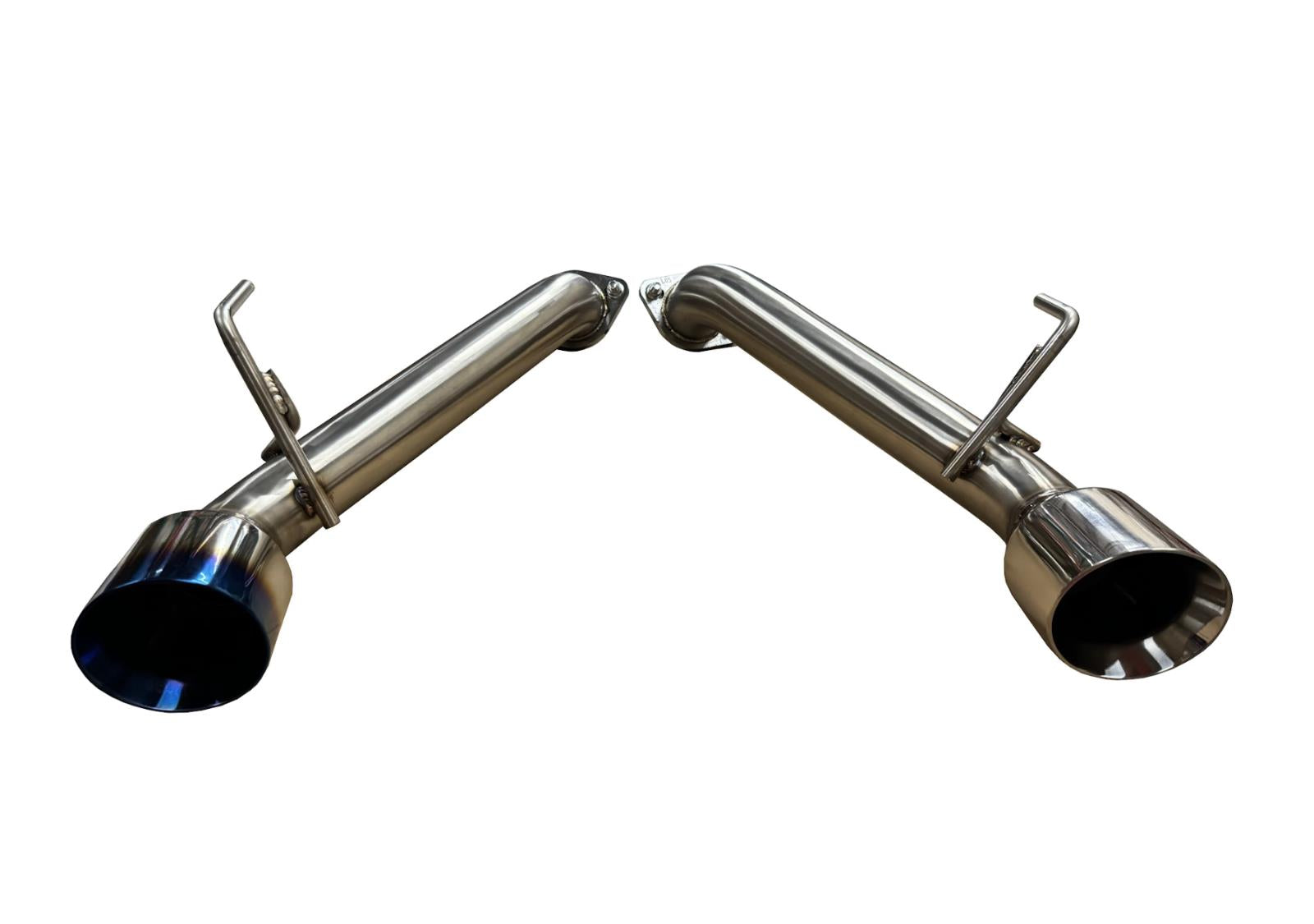 Burnt stainless steel axle back exhaust for Nissan 370Z Z34 2009-2021 by JackSpania Racing, showing the polished exhaust tips and piping.