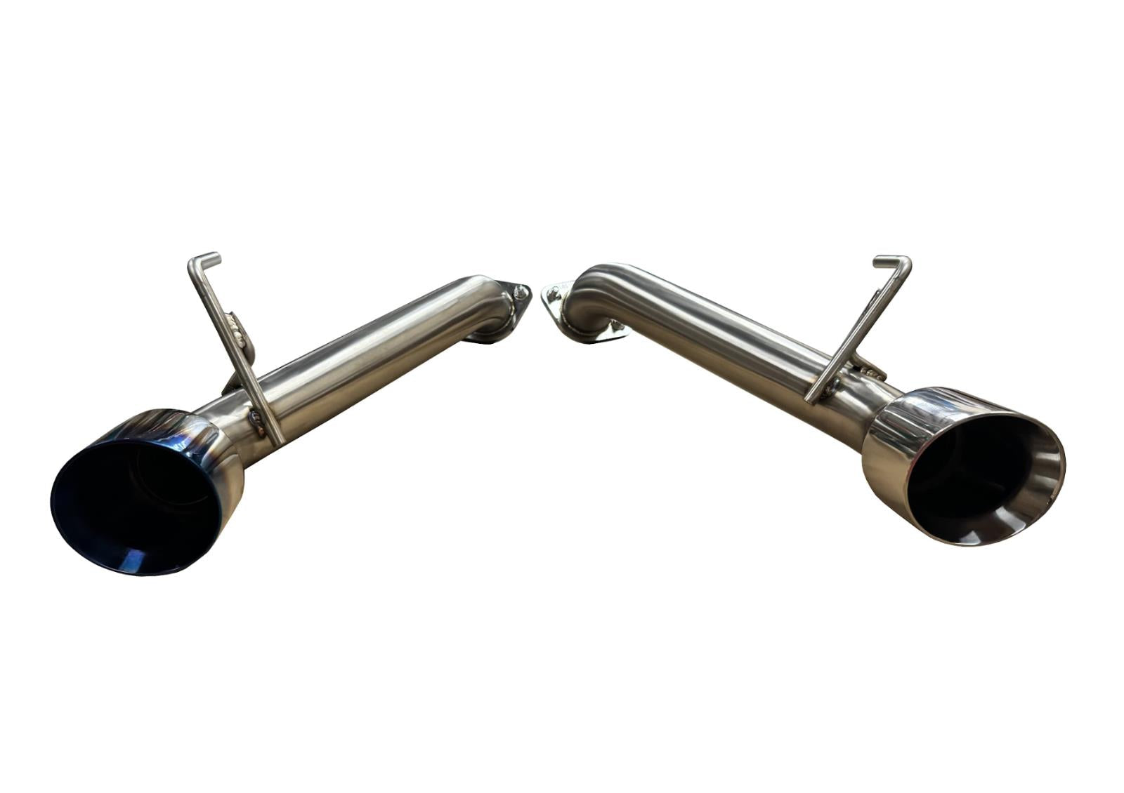 Burnt stainless steel axle back exhaust for Nissan 370Z Z34 2009-2021 by JackSpania Racing, showing the polished exhaust tips and piping.