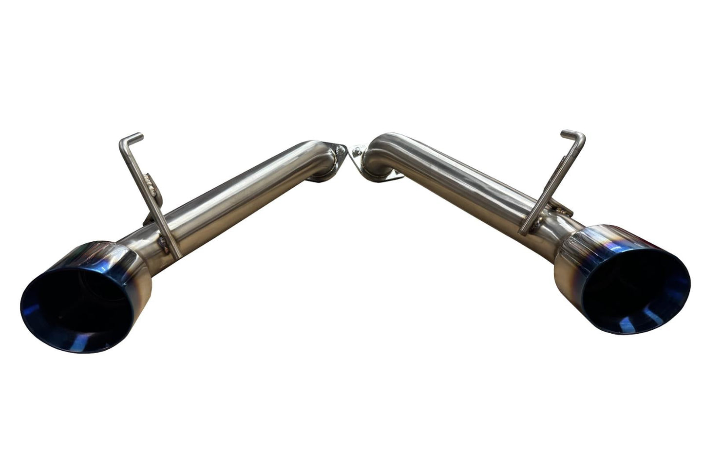 Burnt stainless steel axle back exhaust for Nissan 370Z Z34 2009-2021 by JackSpania Racing, showing the exhaust tips and finish.
