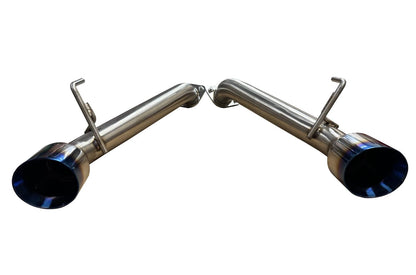 Burnt stainless steel axle back exhaust for Nissan 370Z Z34 2009-2021 by JackSpania Racing, showing the exhaust tips and finish.