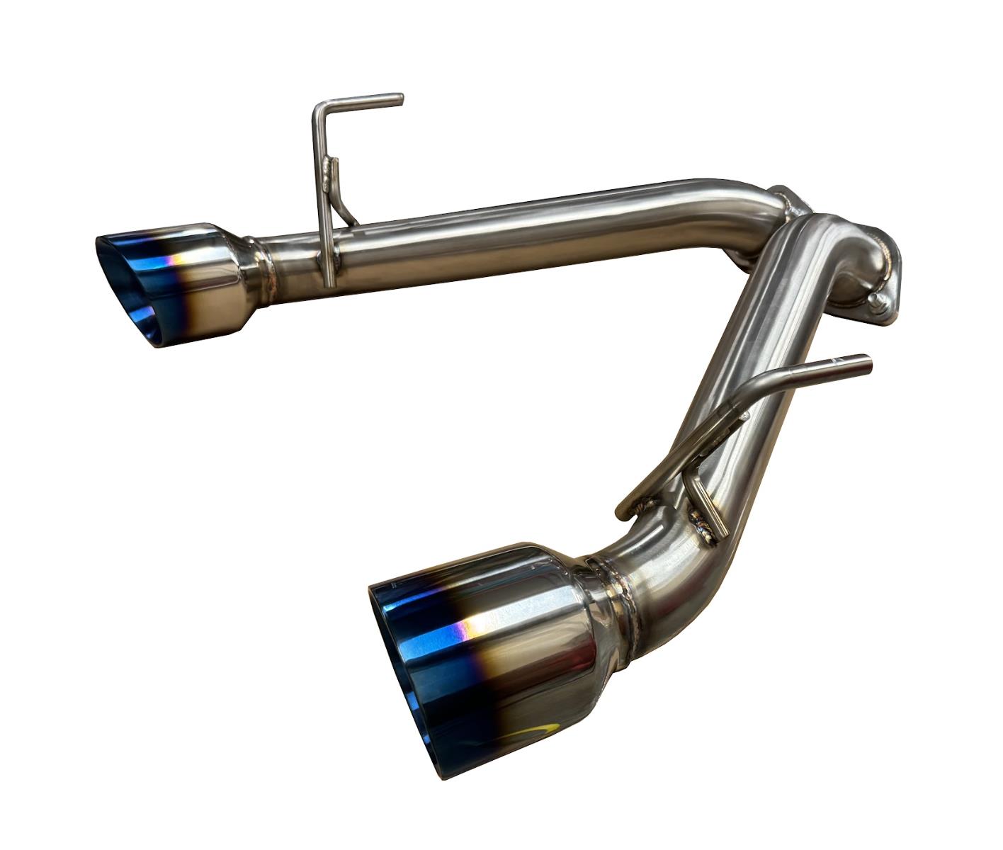 Burnt stainless steel axle back exhaust for Nissan 370Z Z34 2009-2021 by JackSpania Racing, showing the polished exhaust tips and piping.