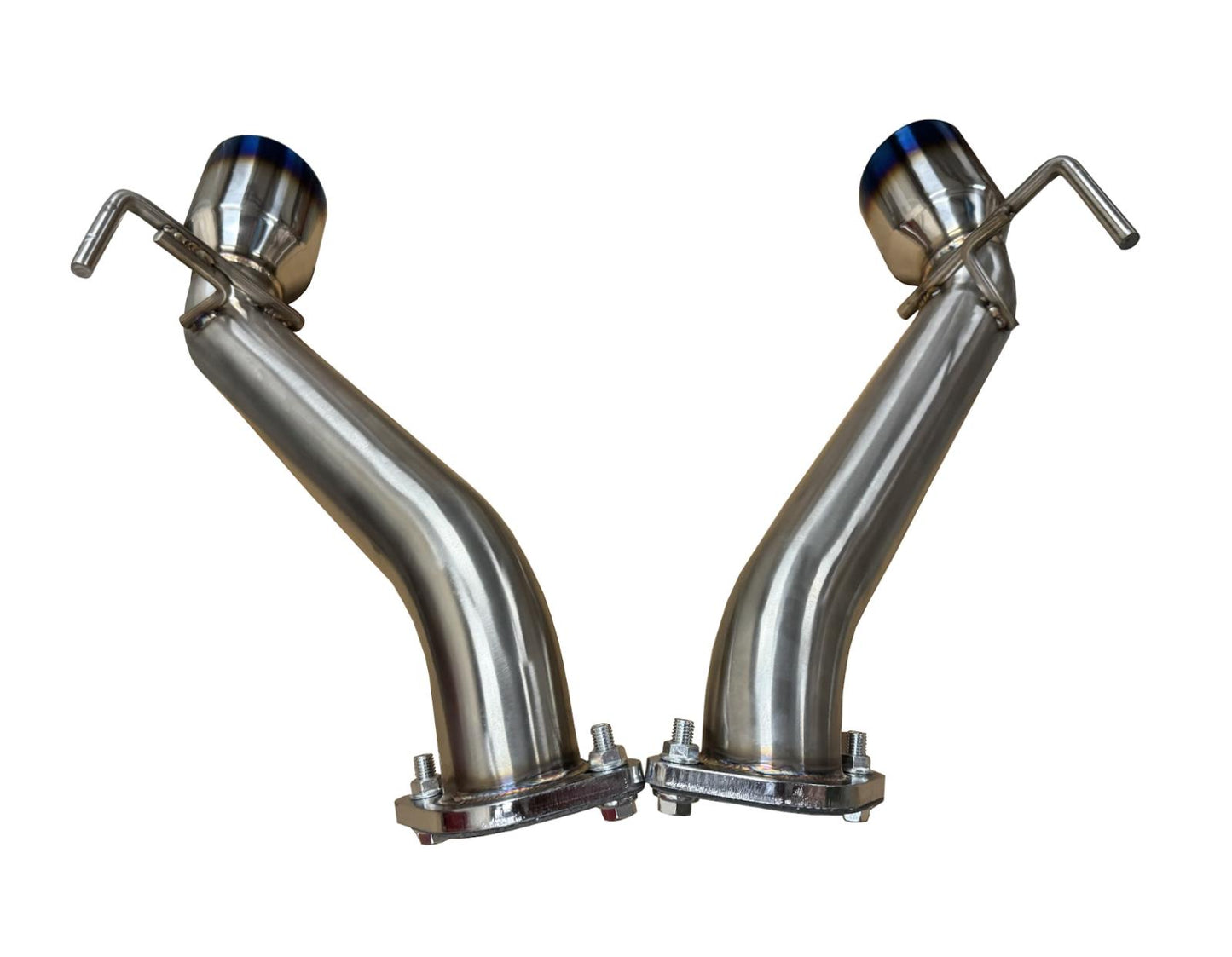 Burnt stainless steel axle back exhaust for Nissan 370Z Z34 2009-2021 by JackSpania Racing, showing the polished exhaust tips and piping.