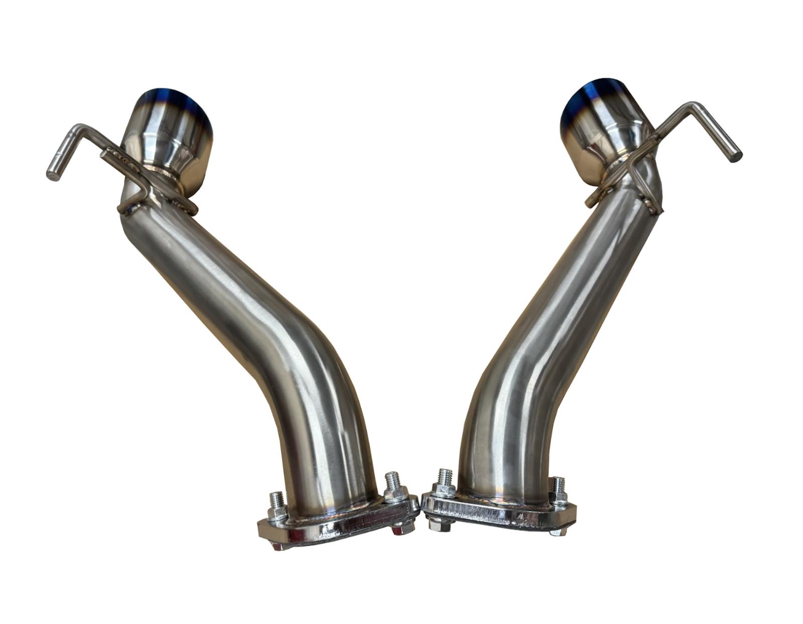 Burnt stainless steel axle back exhaust for Nissan 370Z Z34 2009-2021 by JackSpania Racing, showing the polished exhaust tips and piping.