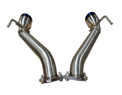 Burnt stainless steel axle back exhaust for Nissan 370Z Z34 2009-2021 by JackSpania Racing, showing the polished exhaust tips and piping.