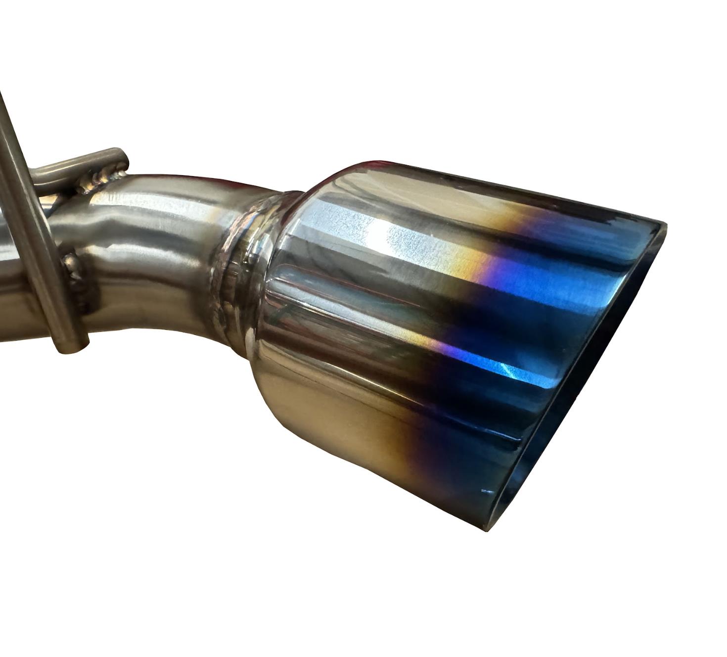 Burnt stainless steel axle back exhaust for Nissan 370Z Z34 2009-2021 by JackSpania Racing, showing the polished exhaust tips.