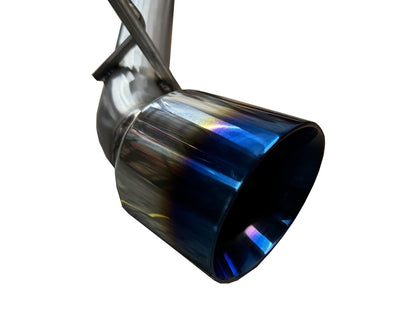 Burnt stainless steel axle back exhaust for Nissan 370Z Z34 2009-2021 by JackSpania Racing, showcasing the exhaust tips and design.