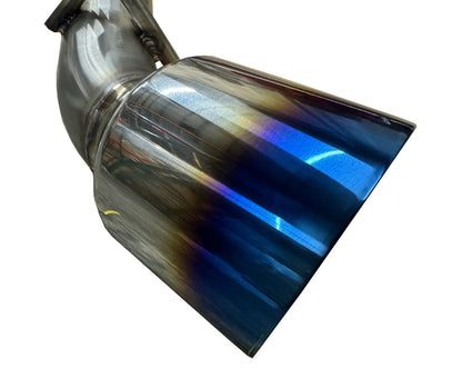 Burnt stainless steel axle back exhaust for Nissan 370Z Z34 2009-2021 by JackSpania Racing, showing the exhaust tip and piping.