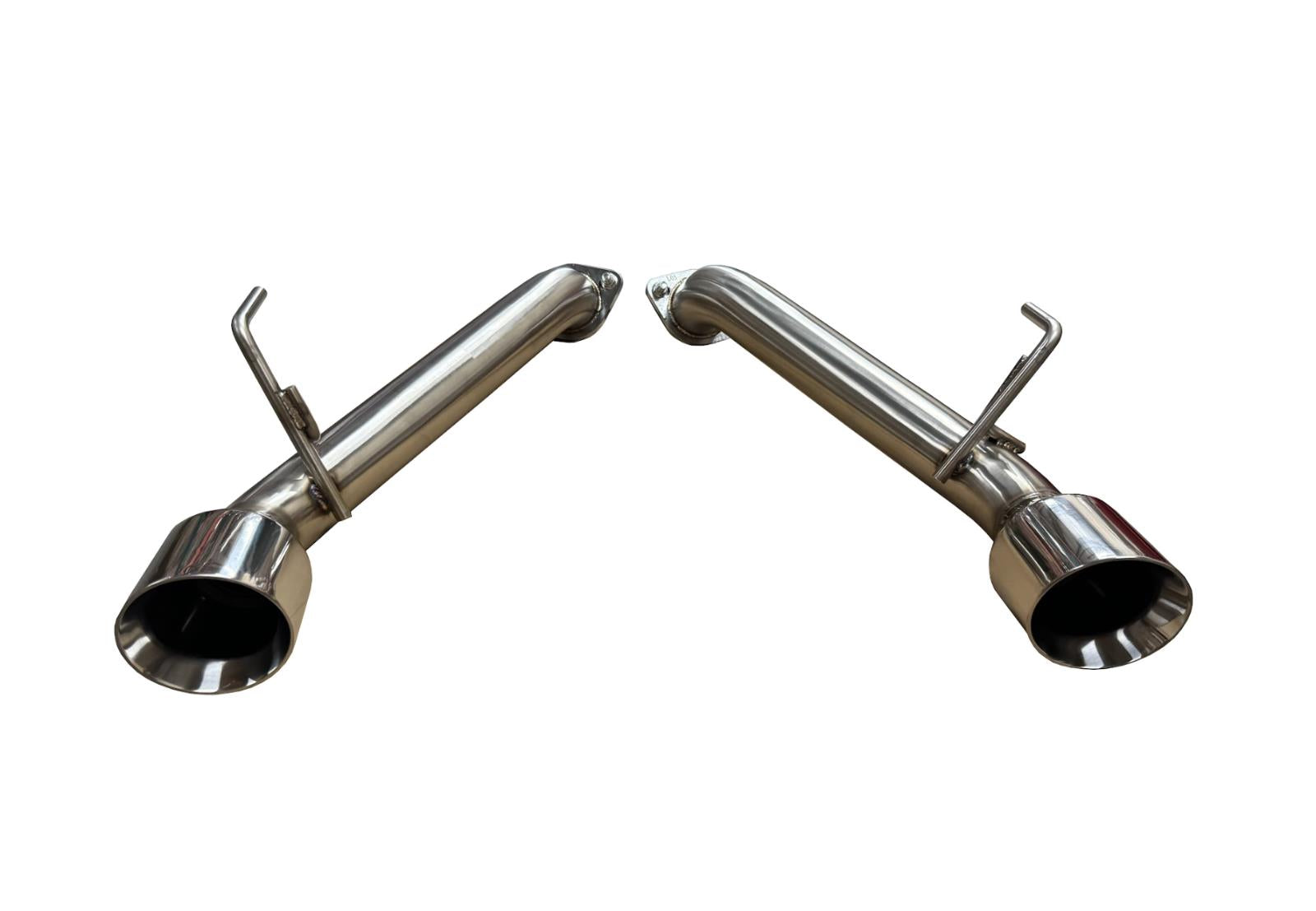 Stainless steel axle back exhaust for Nissan 370Z Z34 2009-2021 by JackSpania Racing, showing polished exhaust tips and piping.