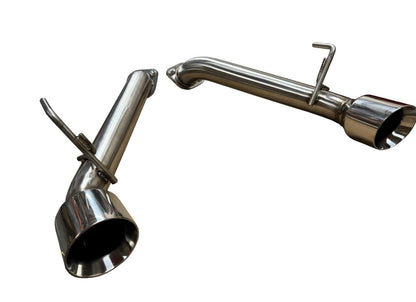 Stainless steel axle back exhaust for Nissan 370Z Z34 2009-2021 by JackSpania Racing, showing the polished exhaust tips.