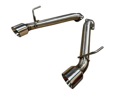Stainless steel axle back exhaust for Nissan 370Z Z34 from JackSpania Racing, showing polished exhaust tips and piping.