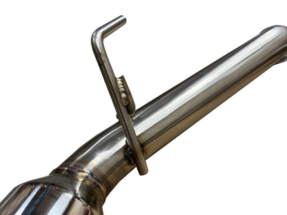 Stainless steel axle back exhaust for Nissan 370Z Z34 2009-2021 by JackSpania Racing, showing polished exhaust tips and piping.