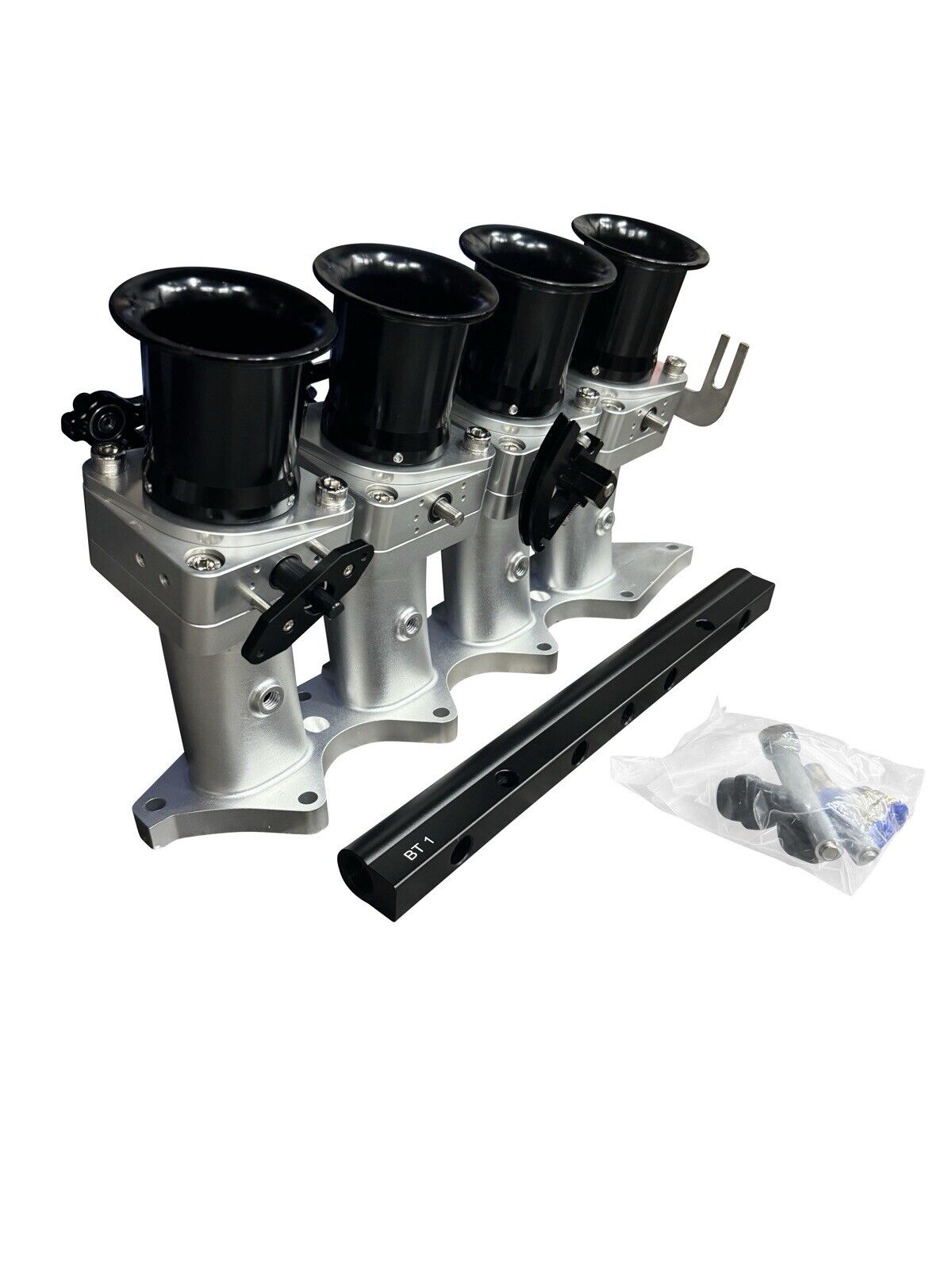 JackSpania Racing B Series Billet 50mm ITB intake manifold with individual throttle bodies for B18C1 P72 engine, detailed metal construction