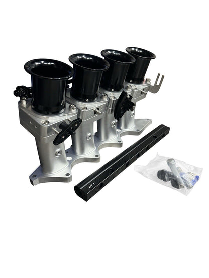 JackSpania Racing B Series Billet 50mm ITB intake manifold with individual throttle bodies for B18C1 P72 engine, detailed metal construction