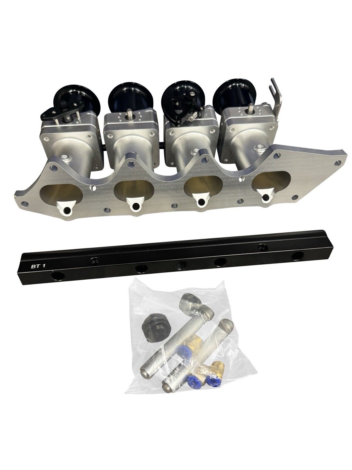 JackSpania Racing B Series Billet 50mm ITB intake manifold with individual throttle bodies for B18C1 P72 engine, detailed metal components