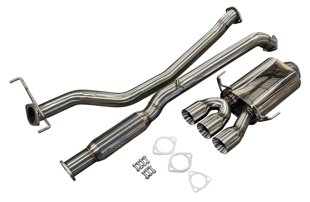 JackSpania Racing Tri Tip 3-inch CatBack exhaust system for Honda Civic Si FK7 1.5T Coupe 2017-2021 turbo engine, showing polished metal pipes.