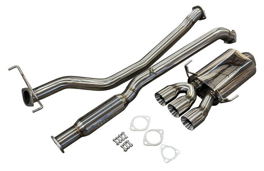 JackSpania Racing Tri Tip 3-inch CatBack exhaust system for Honda Civic Si FK7 1.5T Coupe 2017-2021 turbo engine, showing polished metal pipes.