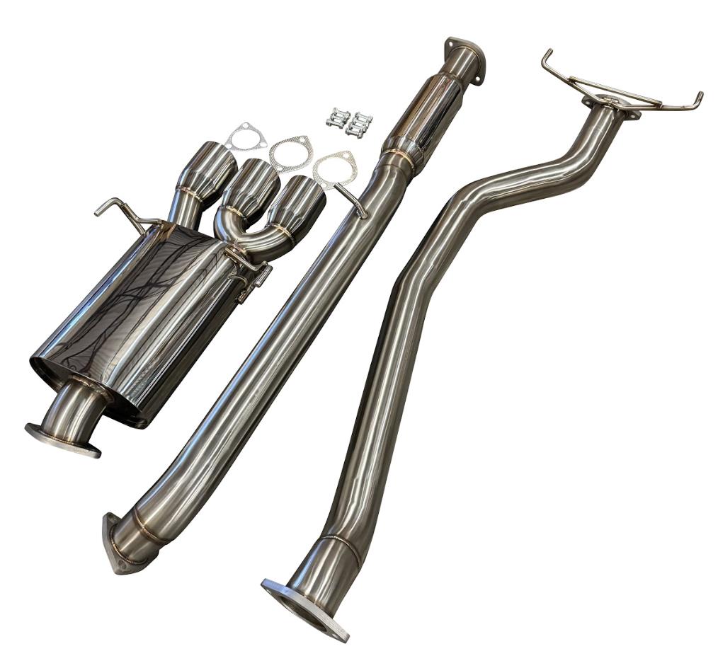 JackSpania Racing Tri Tip 3-inch CatBack Exhaust for Honda Civic Si FK7 1.5T Coupe turbo, showing polished metal exhaust pipes.