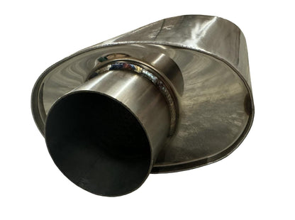 Universal Flow Series Resonator Muffler with 3-inch inlet and outlet, TIG welded, made of TIG 304 stainless steel, from JackSpania Racing.